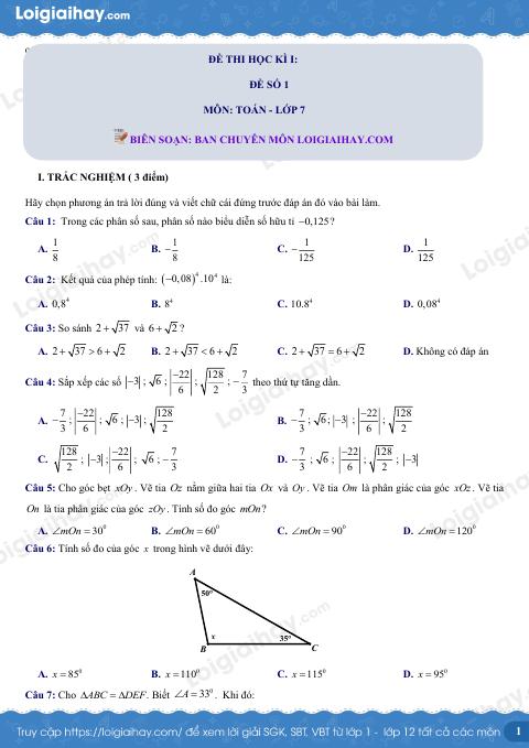 Đề thi học kì 1 Toán 7 - Đề số 1 - Kết nối tri thức